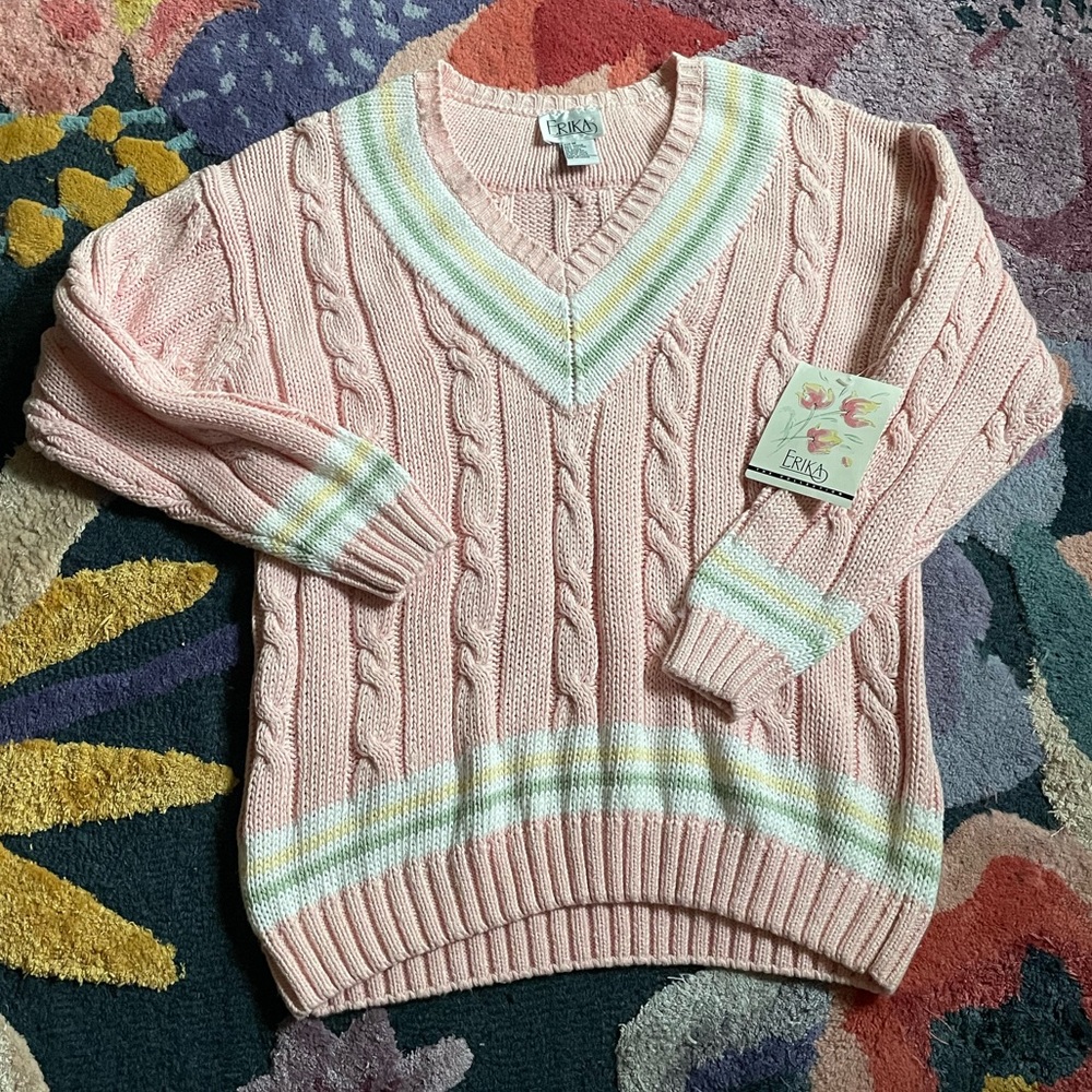 NWT 80s Vintage Erika V neck cable knit pastel sweater varsity